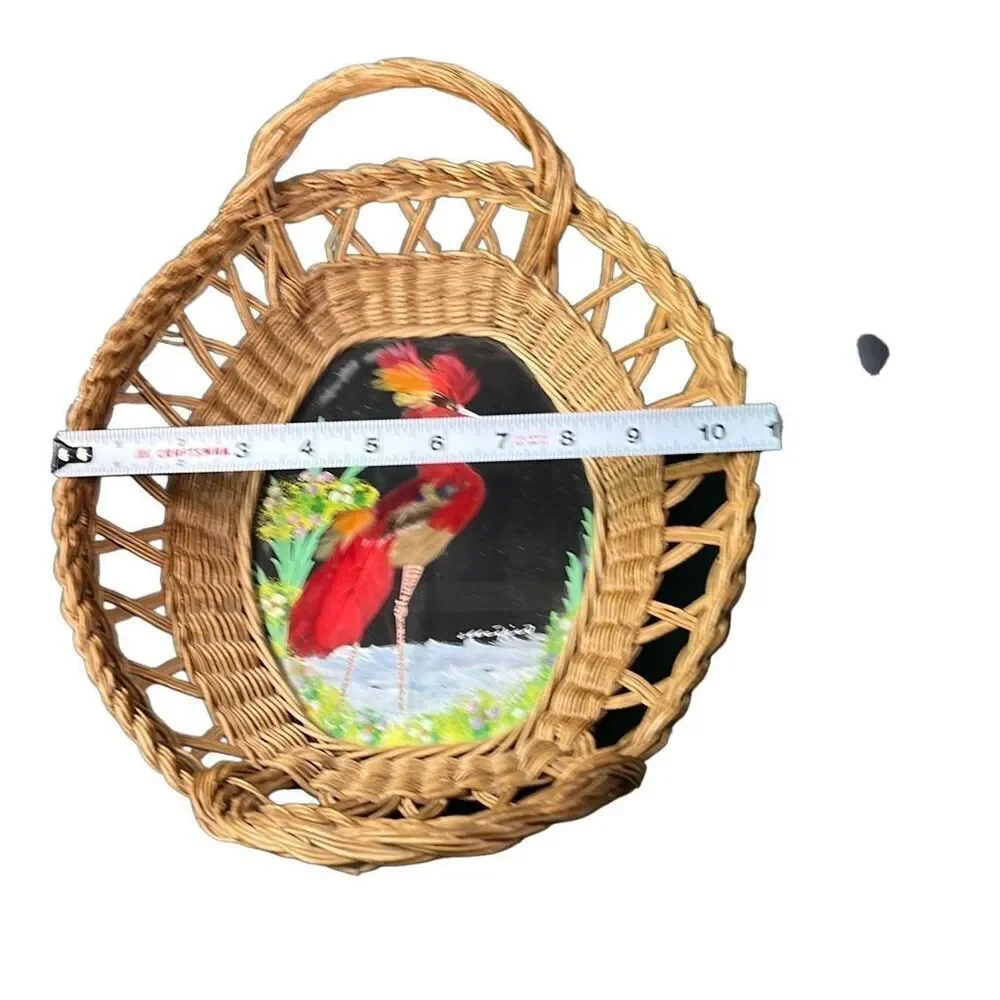 Vintage Mexico Bird Feather Folk Art Painted Wicker Basket Wall Decor 12